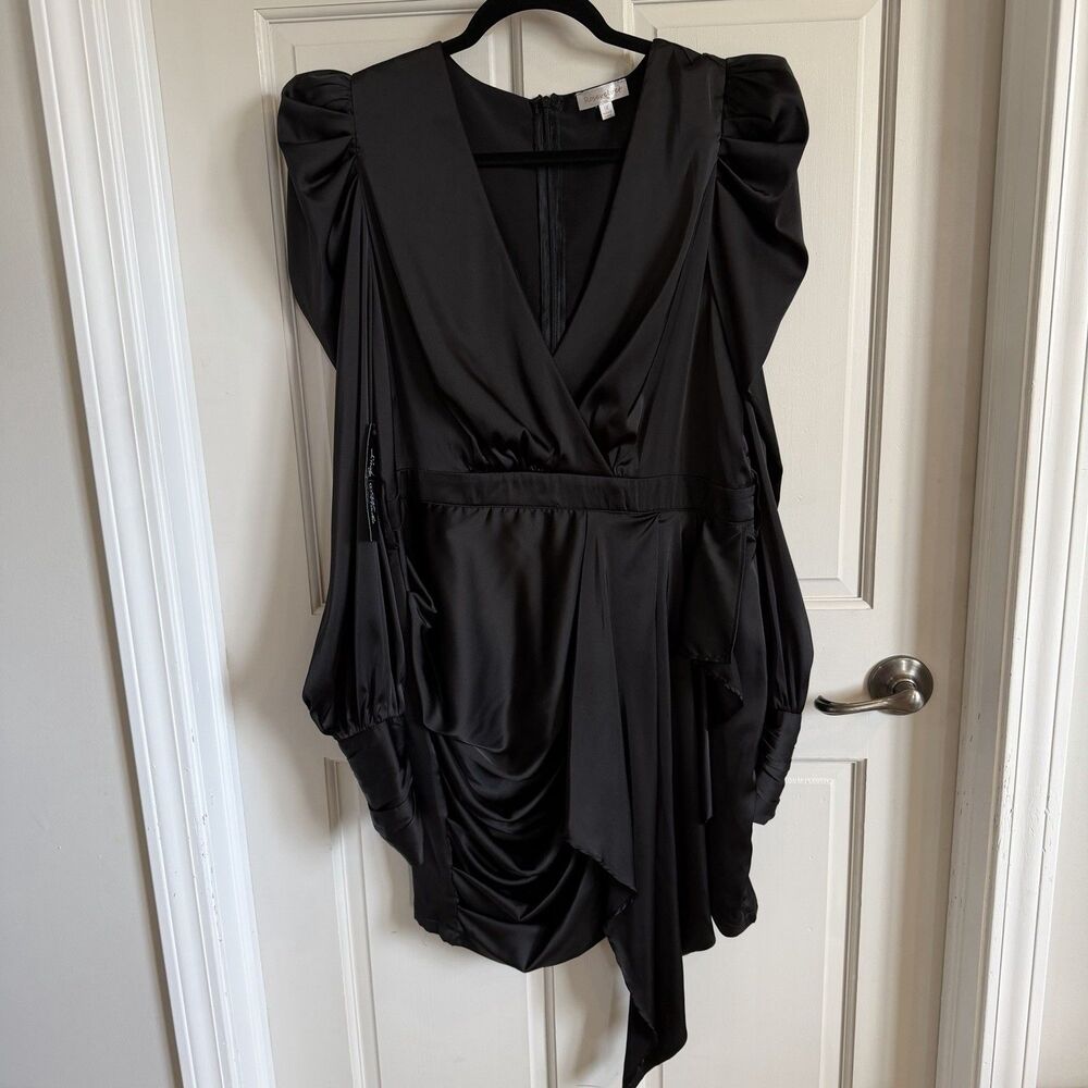 Lady Mocha Satin Black Ruched Balloon Sleeve Sheath Mini Dress V-Neck Zip 1X NWT